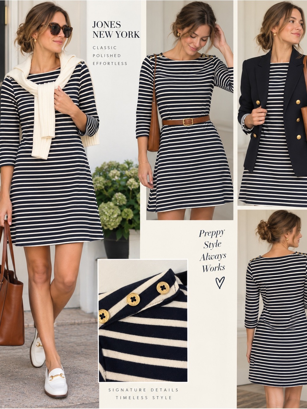 Jones New York Navy Cream Striped Shift Dress Gold Button Nautical Preppy Sz L